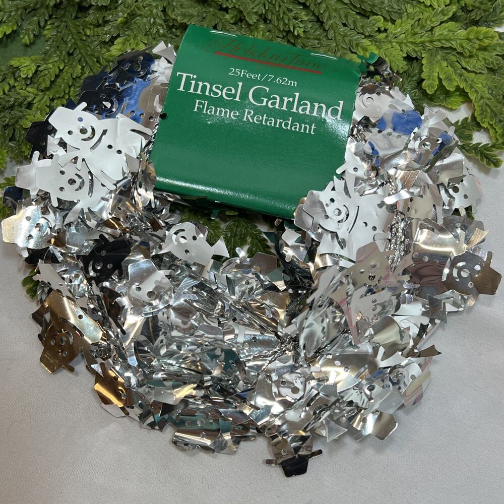 Vintage Silver Foil Tinsel Snowman Garland 25 Ft Wired Christmas Snowmen NOS